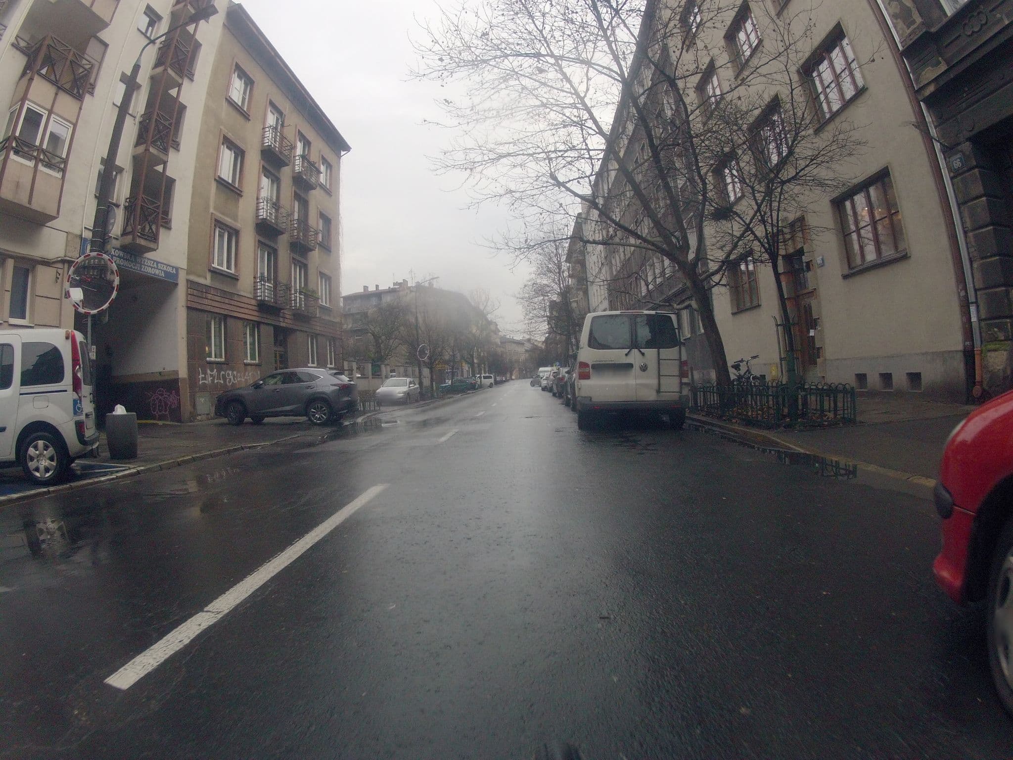 Street view near Trzy Kafki Hostel, Kraków — © ekeshkekesh (CC BY-SA · Mapillary)