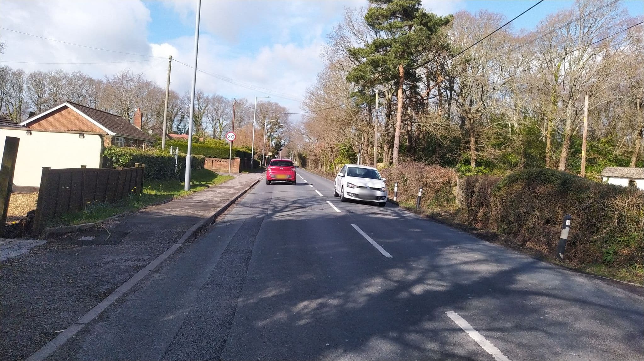 Street view near Thatch Cottage, Three Legged Cross — © noid (CC BY-SA · Mapillary)